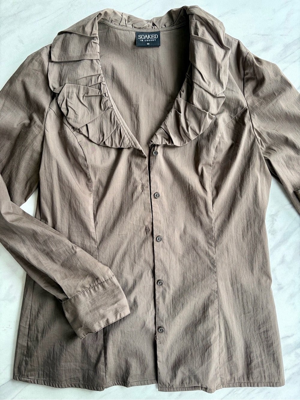 Soaked in Luxury Taupe Ruffle Collar Button-Down Top